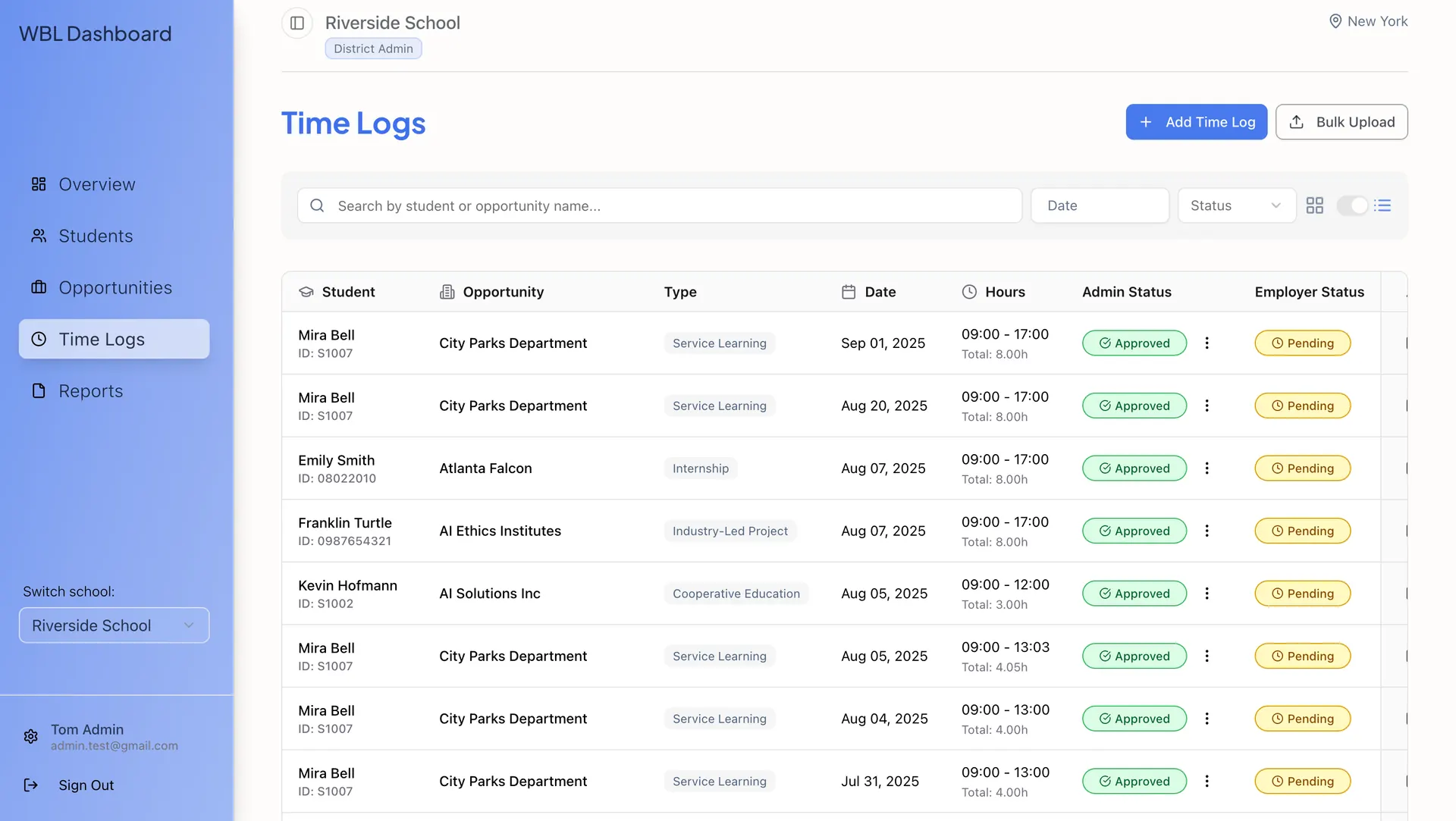 Time tracking dashboard showing student time logs with opportunities, hours, and approval statuses