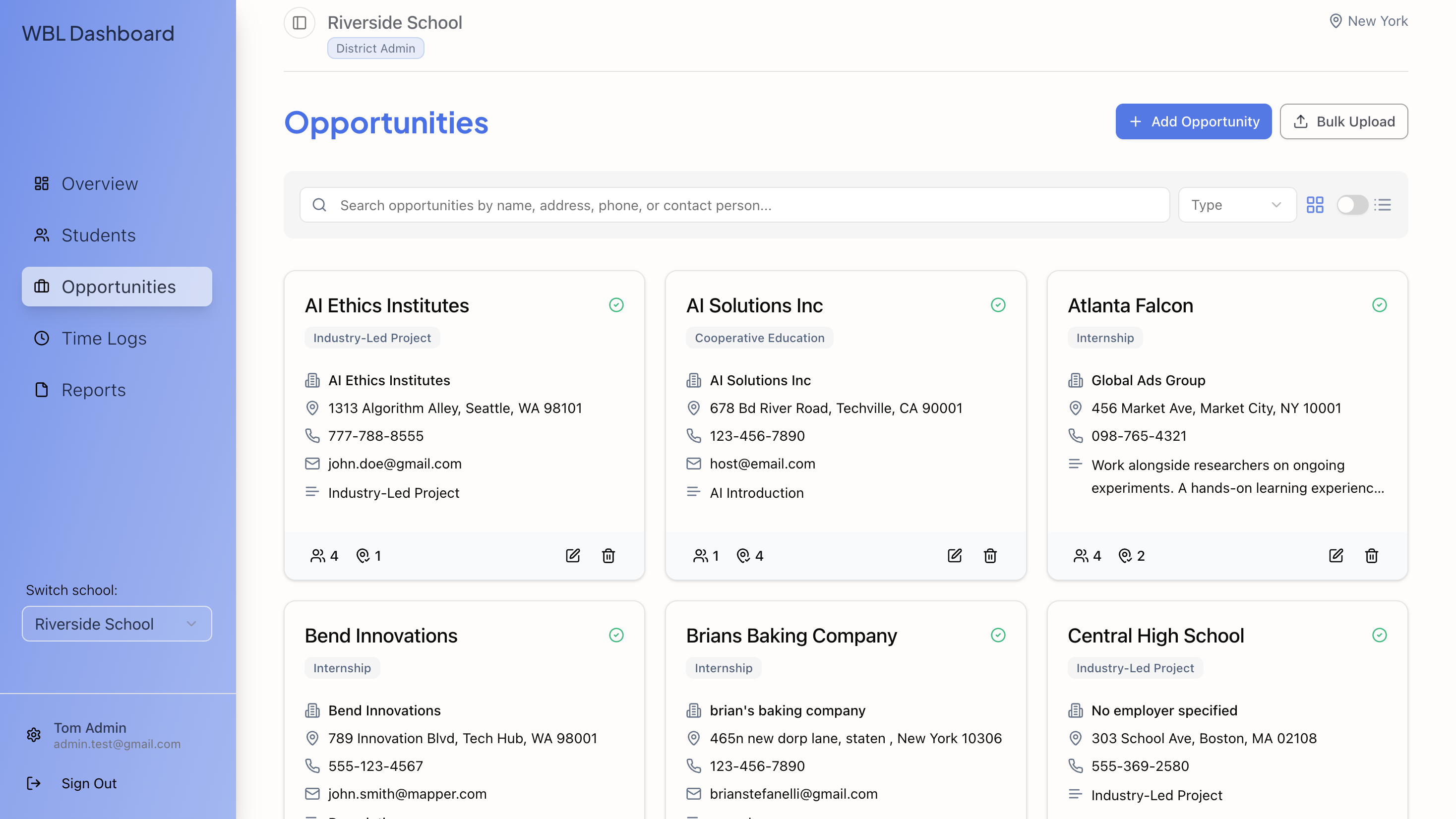 Opportunities dashboard displaying employer partnerships and work-based learning placements